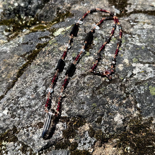 Protection Amulet: Smoky Quartz, Garnet, Quartz, Black Tourmaline and Obsidian Copper Necklace