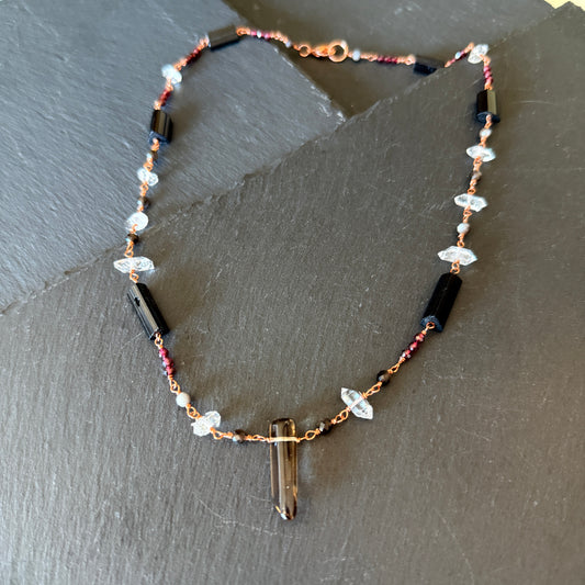 Protection Amulet: Smoky Quartz, Garnet, Quartz, Black Tourmaline and Obsidian Copper Necklace