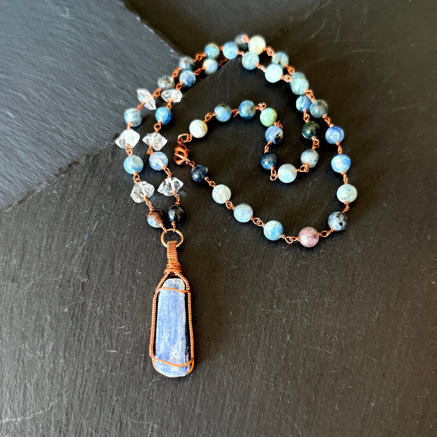 Psychic Intuition Talisman: Blue Kyanite, Iolite and Quartz Crystal Copper Necklace
