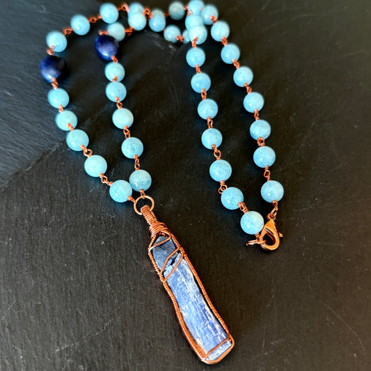 Psychic Communication Talisman: Blue Kyanite, Sapphire and Aquamarine Copper Necklace