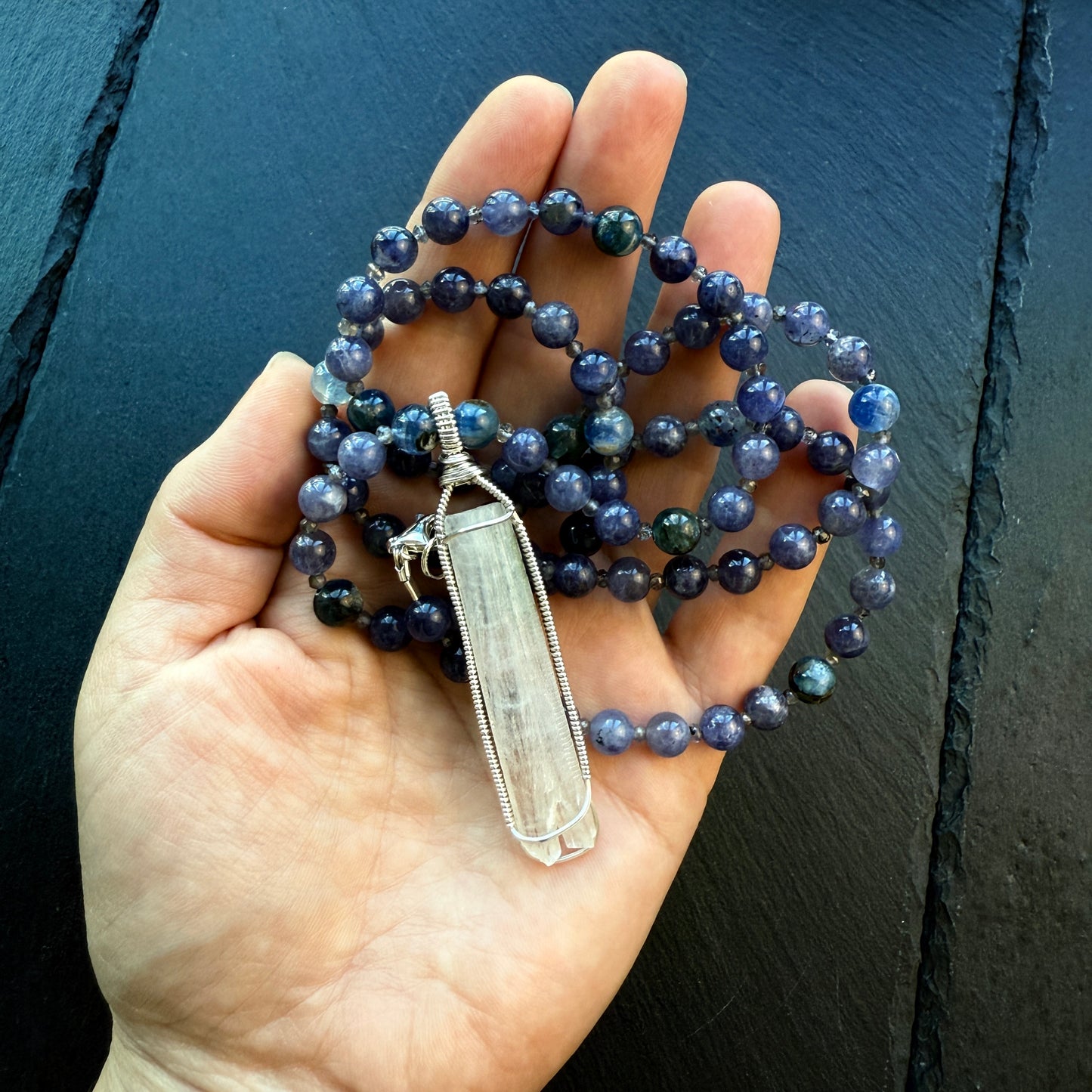 Channeling & Protection Talisman Scolecite Pendant Iolite and Blue Kyanite Gemstone Necklace