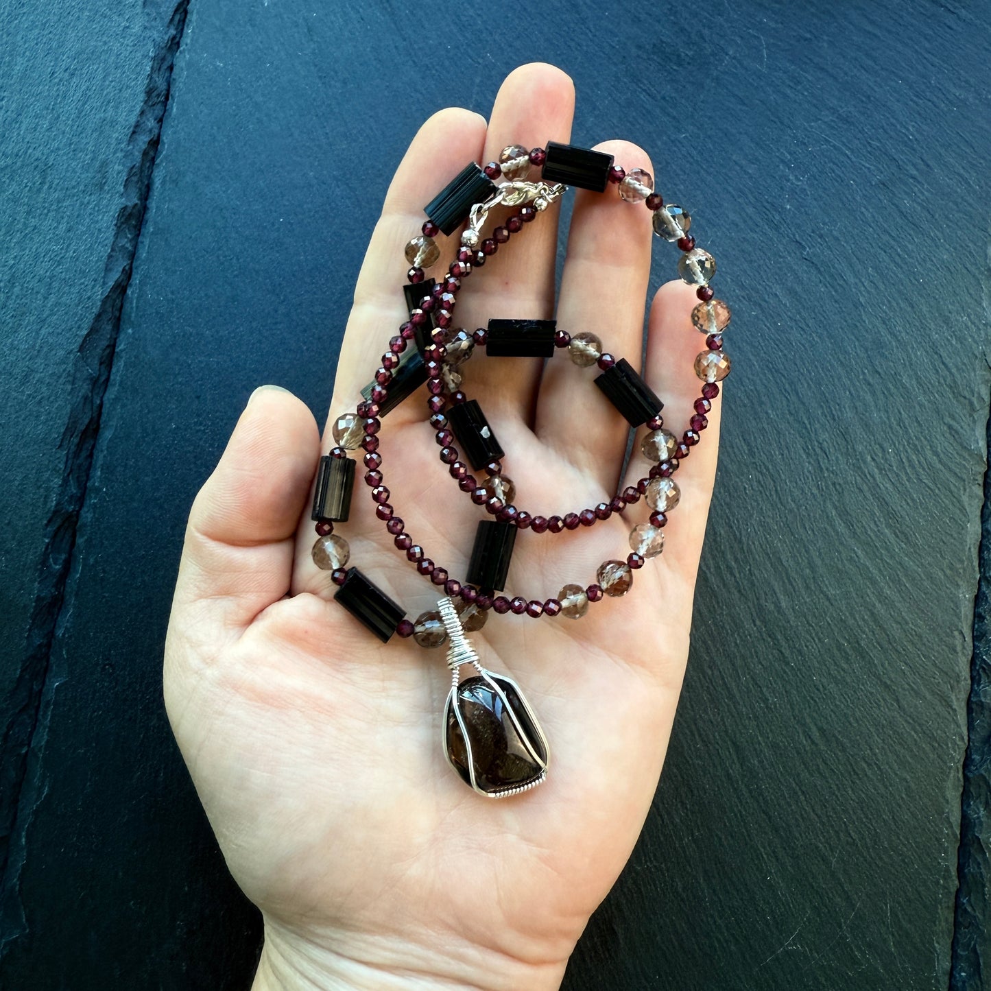 Protection and Balance Root Chakra Amulet Necklace: Smoky Quartz, Black Tourmaline and Garnet