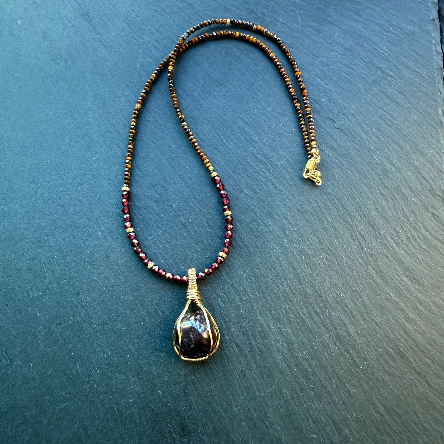 Courage & Inner Strength Talisman Necklace with Garnet and Tiger's Eye and 14k Gold Fill
