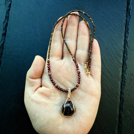 Courage & Inner Strength Talisman Necklace with Garnet and Tiger's Eye and 14k Gold Fill