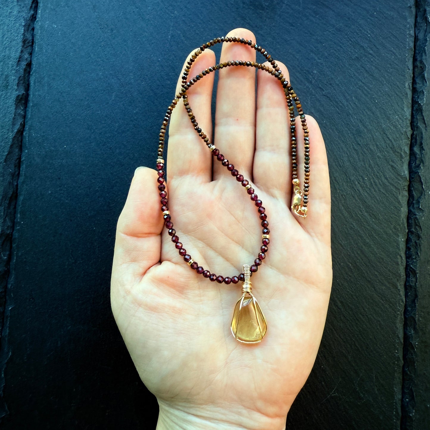 Abundance, Prosperity & Success Talisman Necklace with Citrine, Garnet and Tiger's Eye and 14k Gold Fill