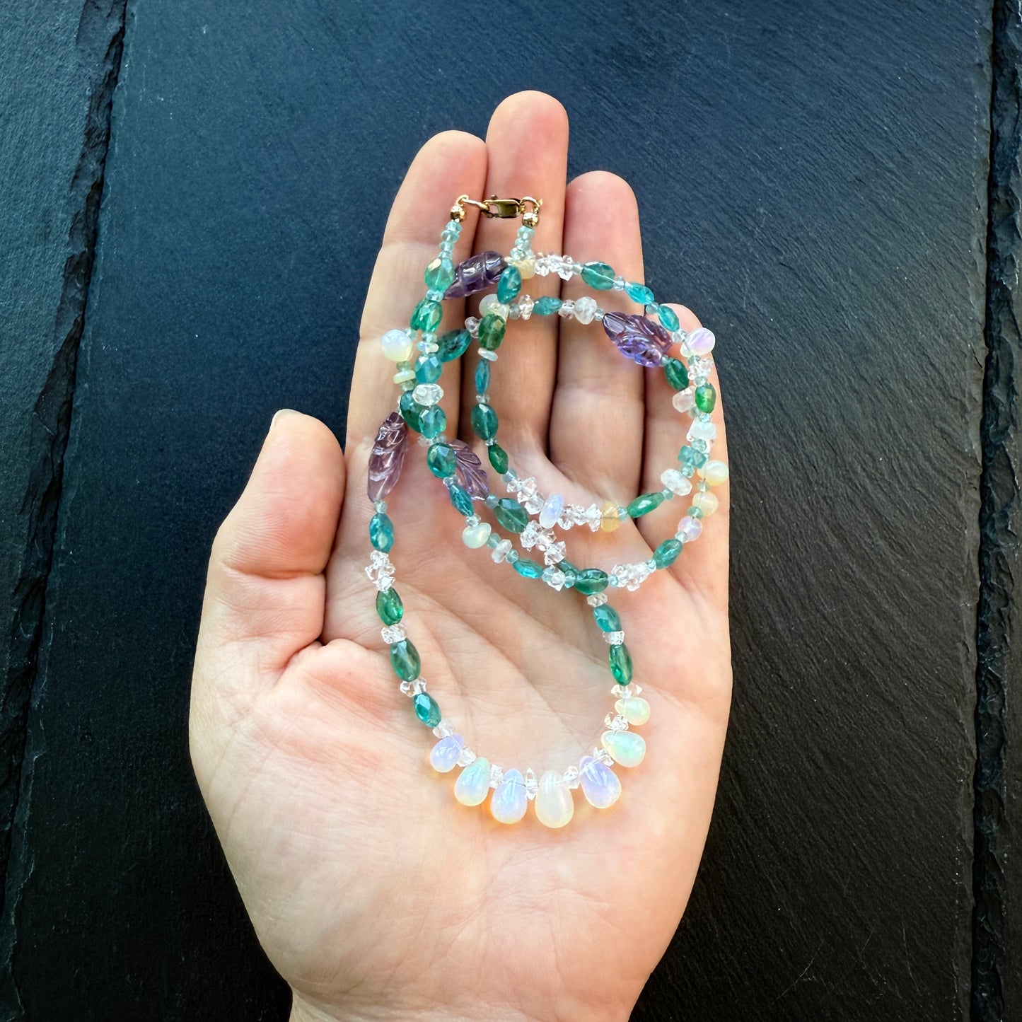 Gem Blossom Necklace with Opal, Amethyst, Blue Apatite, Quartz and Moonstone