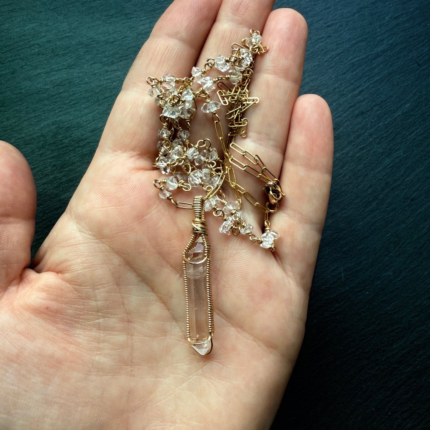 Shine Your Light: Lemurian Quartz Double Terminated Pendant and Crystal Long Necklace 14k Gold fill