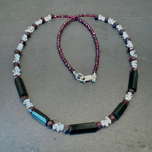 Ground, Balance, Protect Amulet: Black Tourmaline, Double Terminated Quartz and Garnet Necklace
