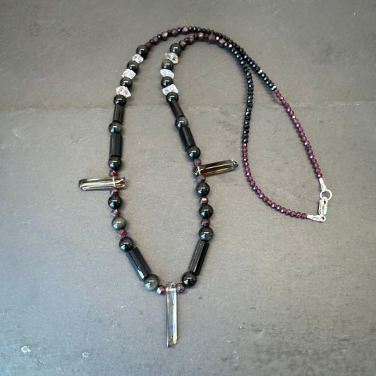 Energy Protection & Transmutation Necklace: Smoky Quartz, Black Tourmaline, Double Terminated Quartz, Garnet and Rainbow Obsidian Gemstone Necklace