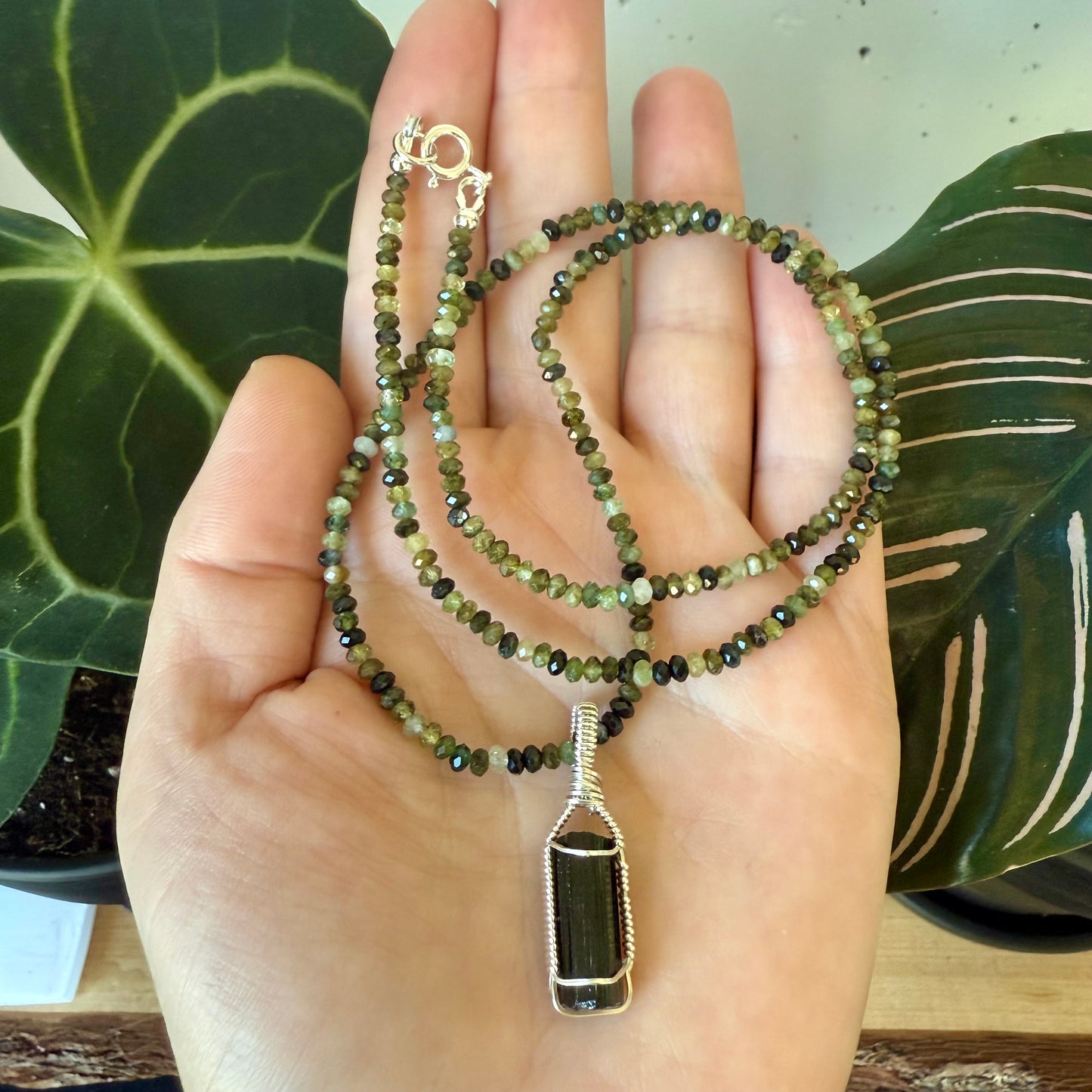 Black Tourmaline Crystal Pendant and Green Tourmaline Necklace