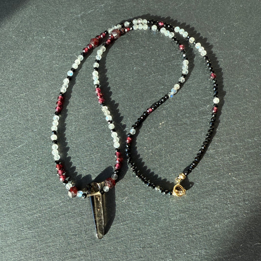 Aura Shield Amulet Necklace: Smoky Quartz, Black Tourmaline, Garnet and Labradorite