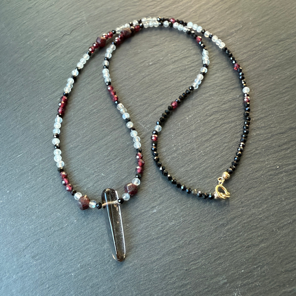 Aura Shield Amulet Necklace: Smoky Quartz, Black Tourmaline, Garnet and Labradorite
