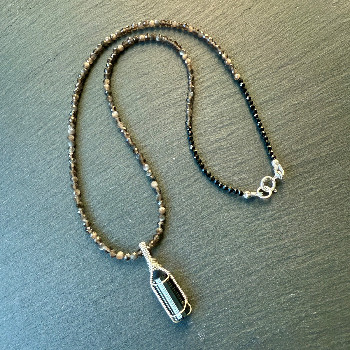 Grounding and Protection Amulet: Black Tourmaline and Silver Sheen Obsidian Necklace