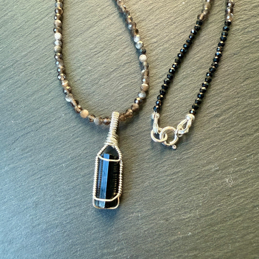Grounding and Protection Amulet: Black Tourmaline and Silver Sheen Obsidian Necklace