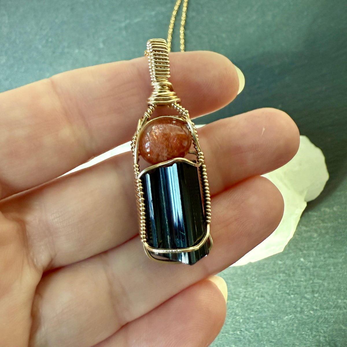 Sunstone and Black Tourmaline Crystal Pendant