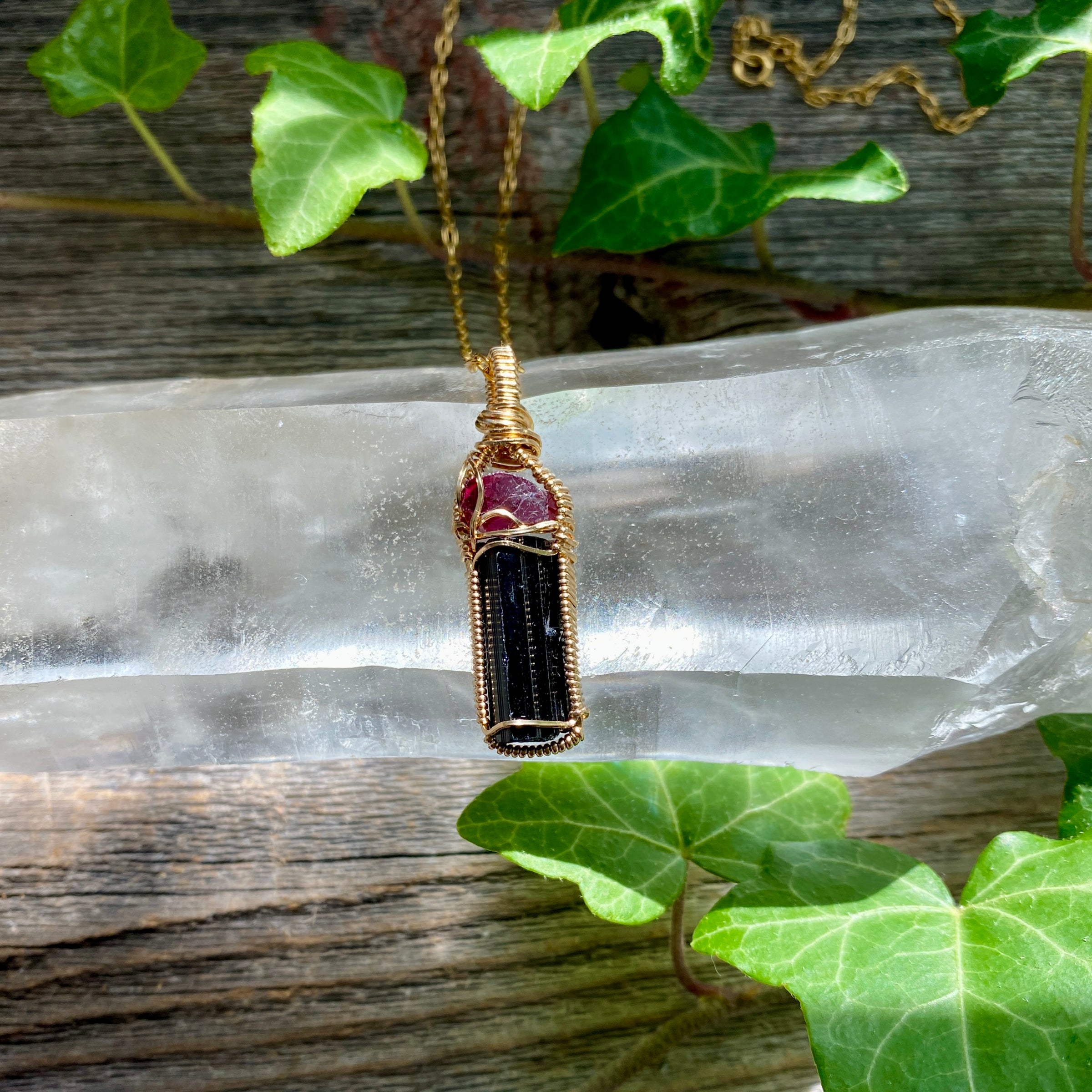 Garnet and Black Tourmaline Crystal Pendant