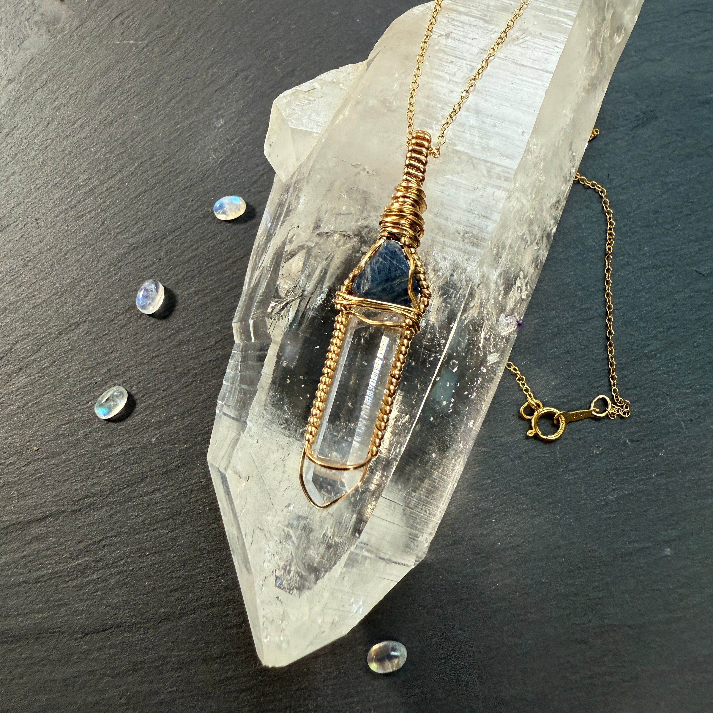Sapphire Record Keeper and Lemurian Quartz Crystal Pendant