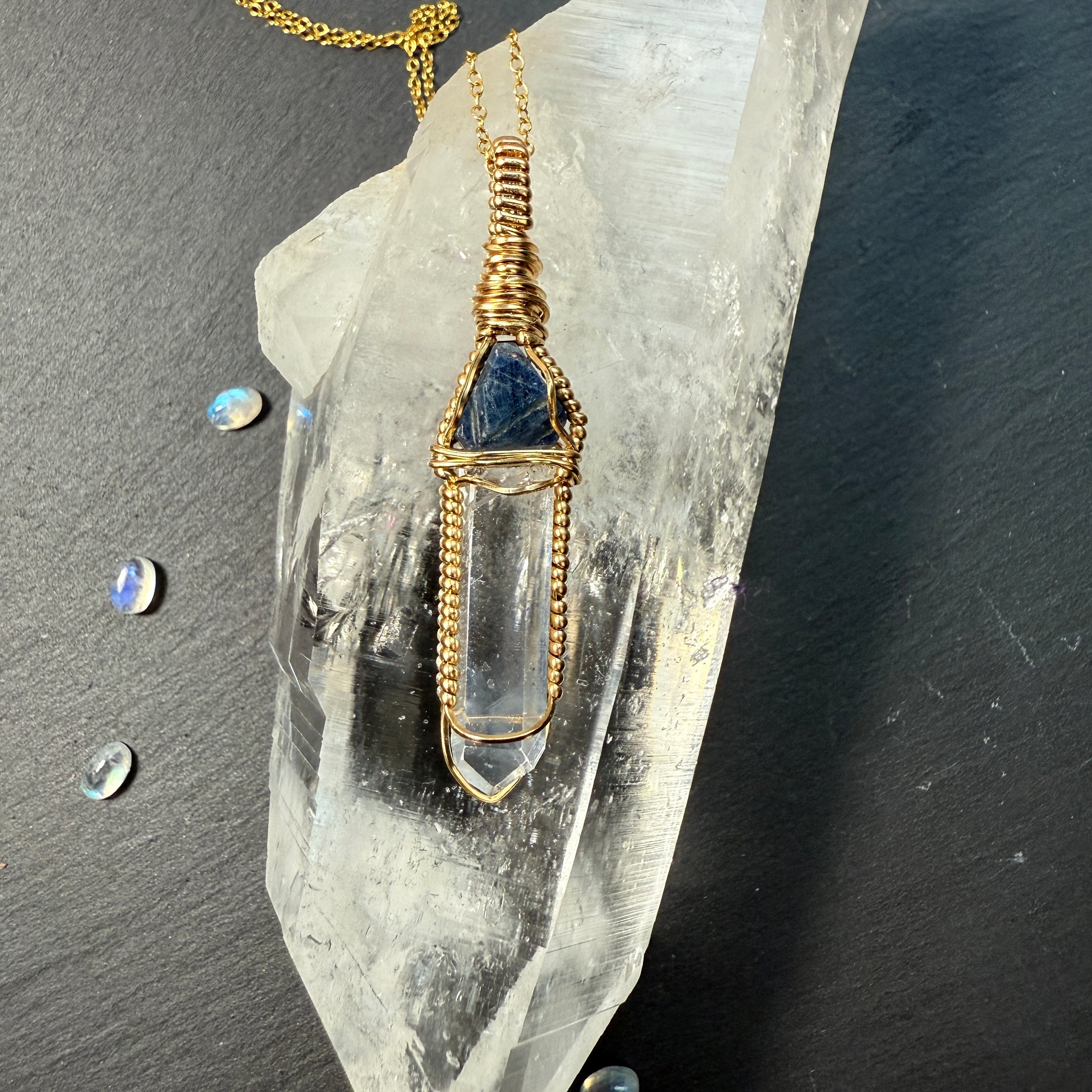 Sapphire Record Keeper and Lemurian Quartz Crystal Pendant