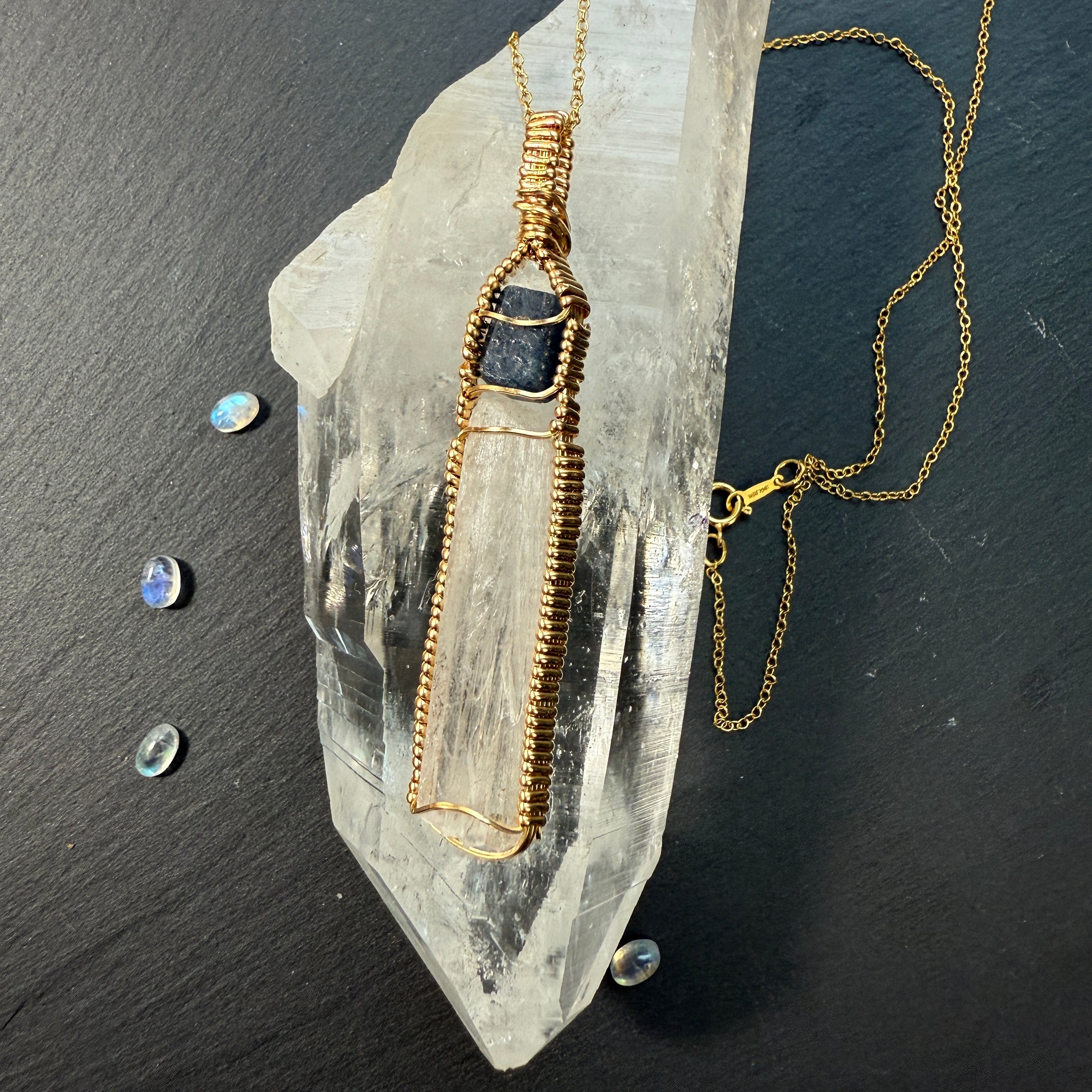 Sapphire Record Keeper and Scolecite Crystal Pendant
