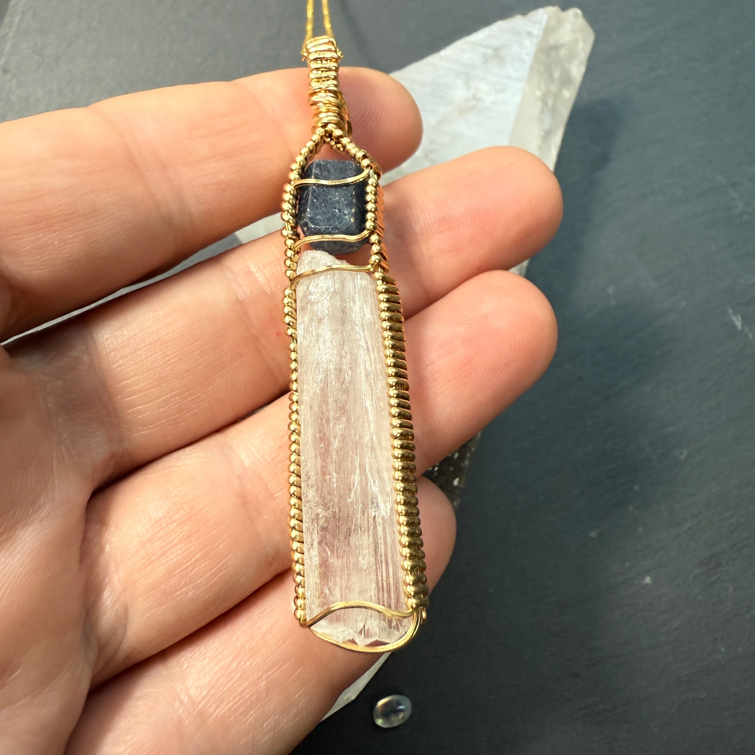 Sapphire Record Keeper and Scolecite Crystal Pendant
