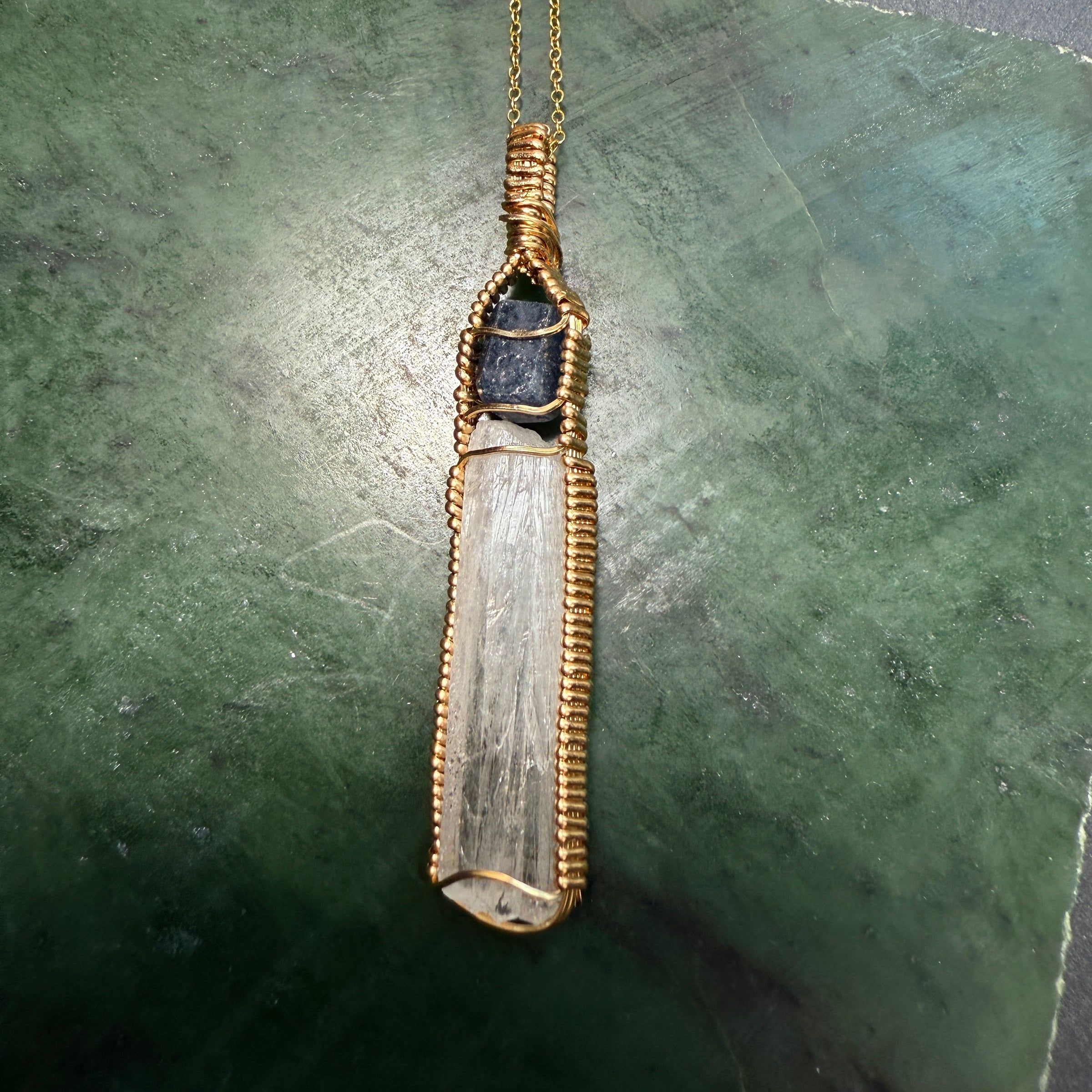 Sapphire Record Keeper and Scolecite Crystal Pendant