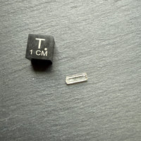 Small black cube with 'T' and '1 cm' marking next to a clear crystal on a dark surface