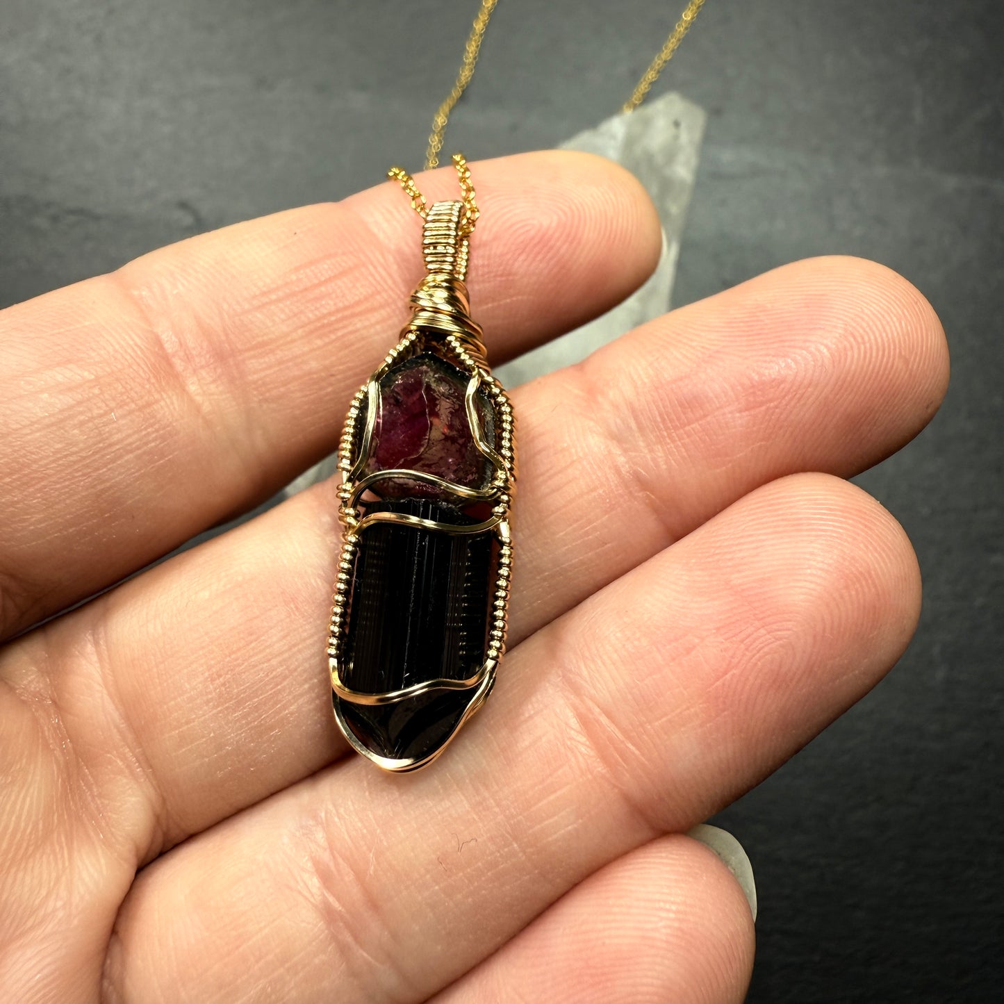 Watermelon Tourmaline Slice and Black Tourmaline Crystal Pendant