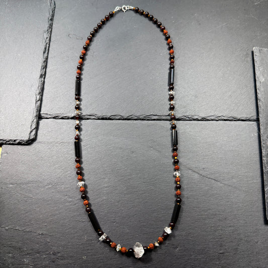 Protection & Transmutation Necklace: Double Terminated Black Phantom Quartz, Black Tourmaline, Garnet, Tiger Eye, Rudraksha