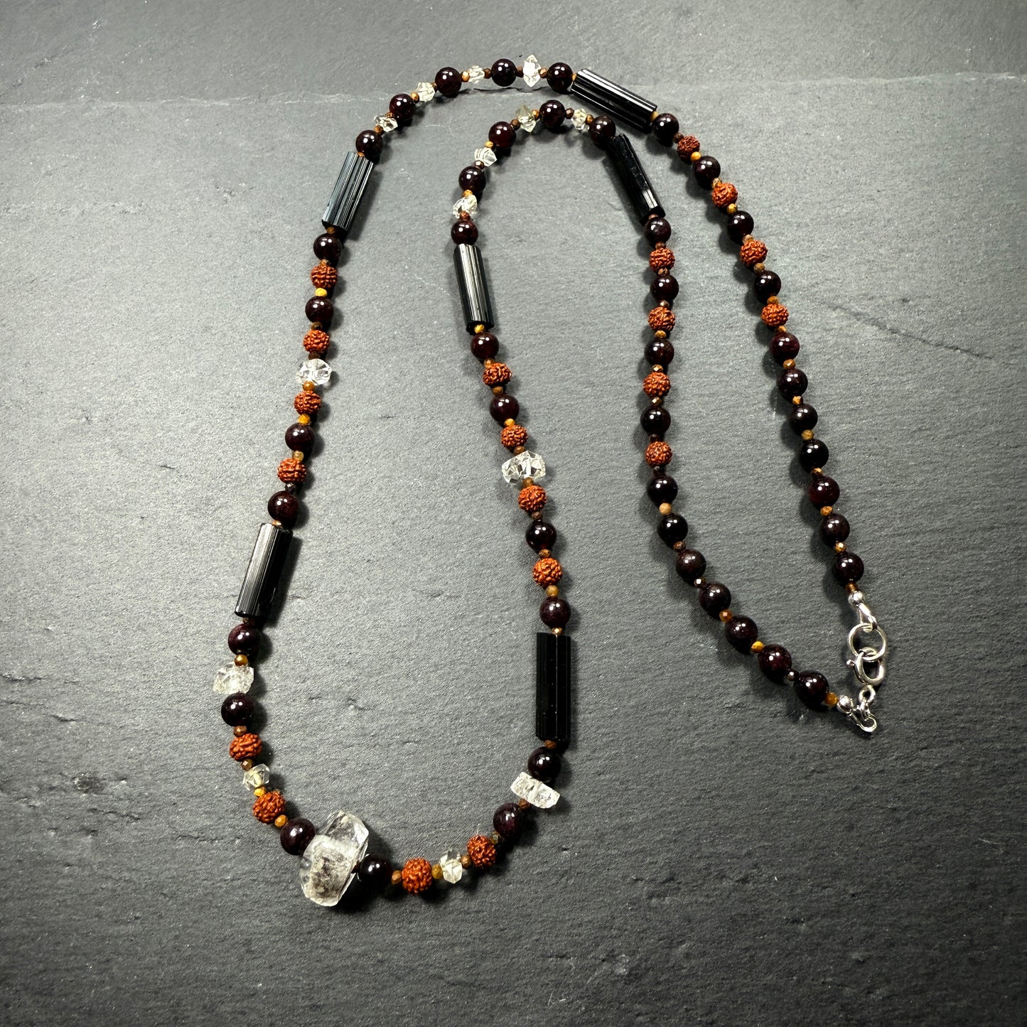 Protection & Transmutation Necklace: Double Terminated Black Phantom Quartz, Black Tourmaline, Garnet, Tiger Eye, Rudraksha