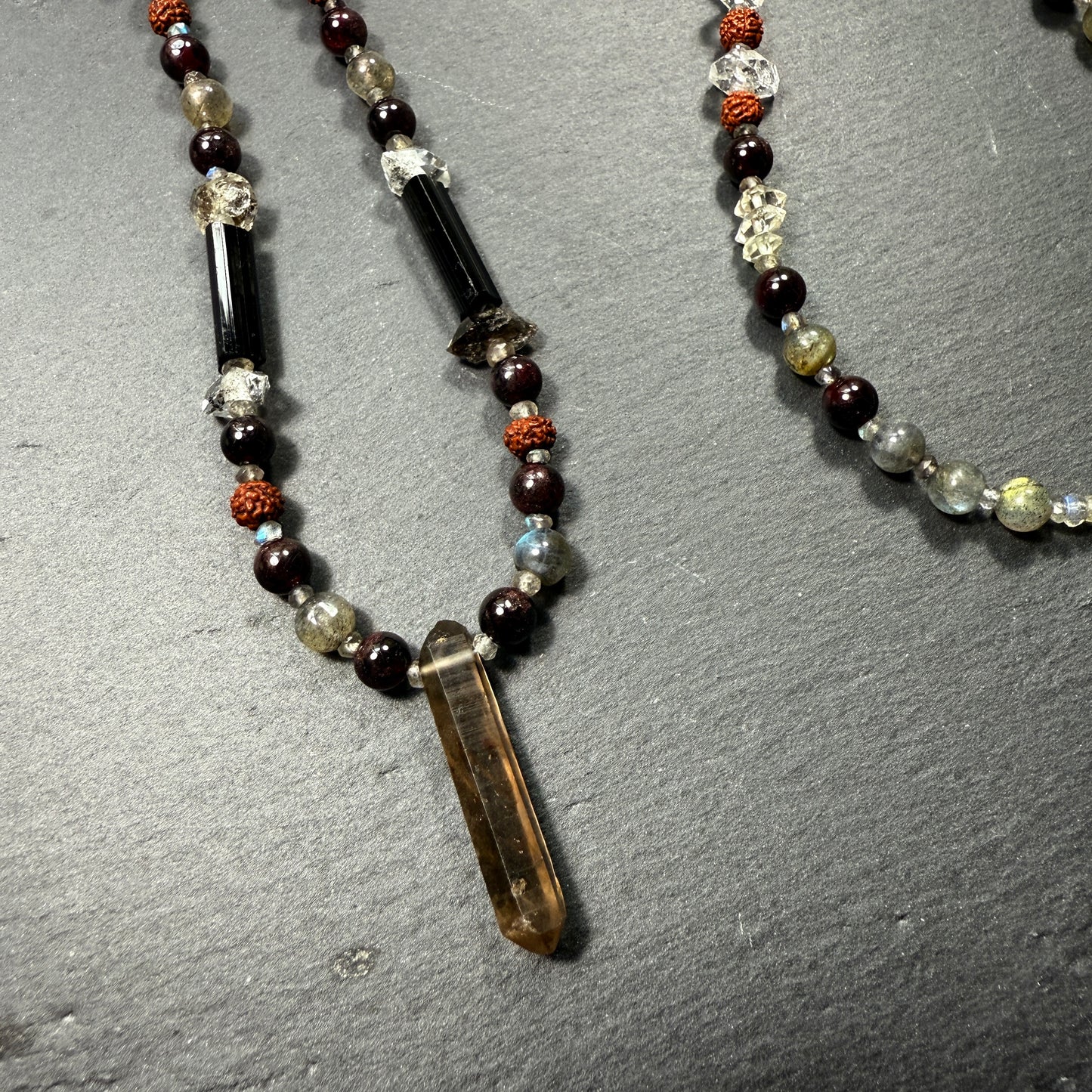 Protection & Transmutation Necklace: Double Terminated Smoky Quartz, Black Tourmaline, Garnet, Labradorite, Rudraksha, Double Terminated Black Phantom Quartz