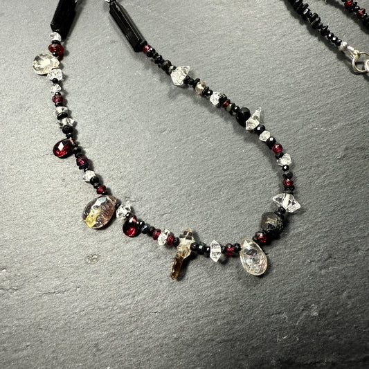 Protection Necklace Super 7, Black Tourmaline, Garnet, Rudraksha, Quartz, Black Spinel