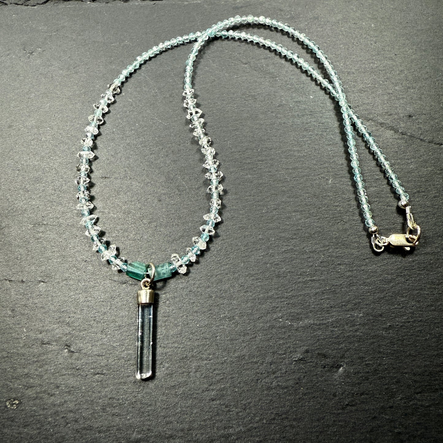 Express Your Truth Gemstone Necklace: Aquamarine, Blue Tourmaline, Double Terminated Clear Quartz