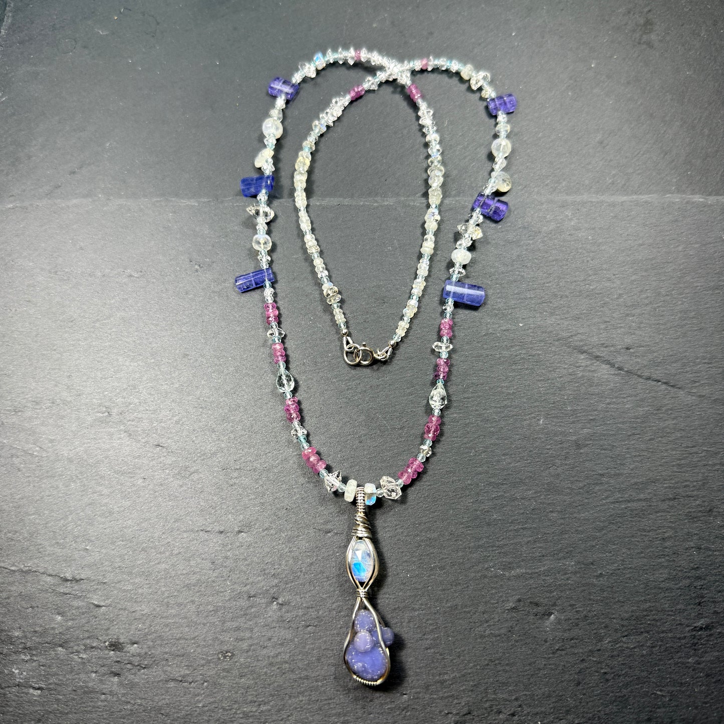 The High Priestess Gemstone Necklace: Grape Agate, Moonstone, Tanzanite, Pink Sapphire, Aquamarine, Quartz