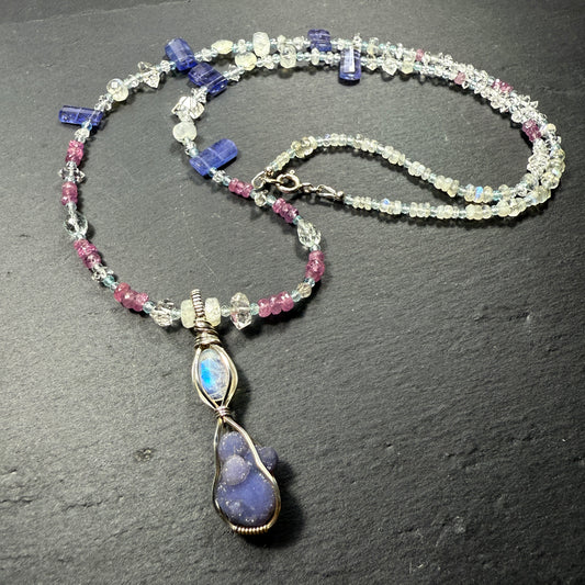 The High Priestess Gemstone Necklace: Grape Agate, Moonstone, Tanzanite, Pink Sapphire, Aquamarine, Quartz