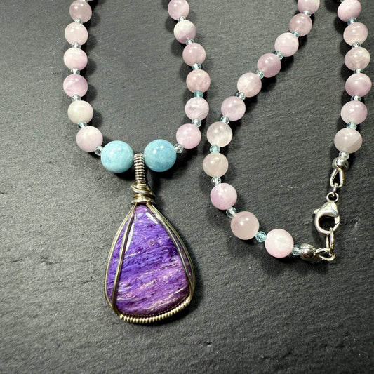 Spiritual Support for this New Cycle: Charoite, Aquamarine, Kunzite Gemstone Necklace