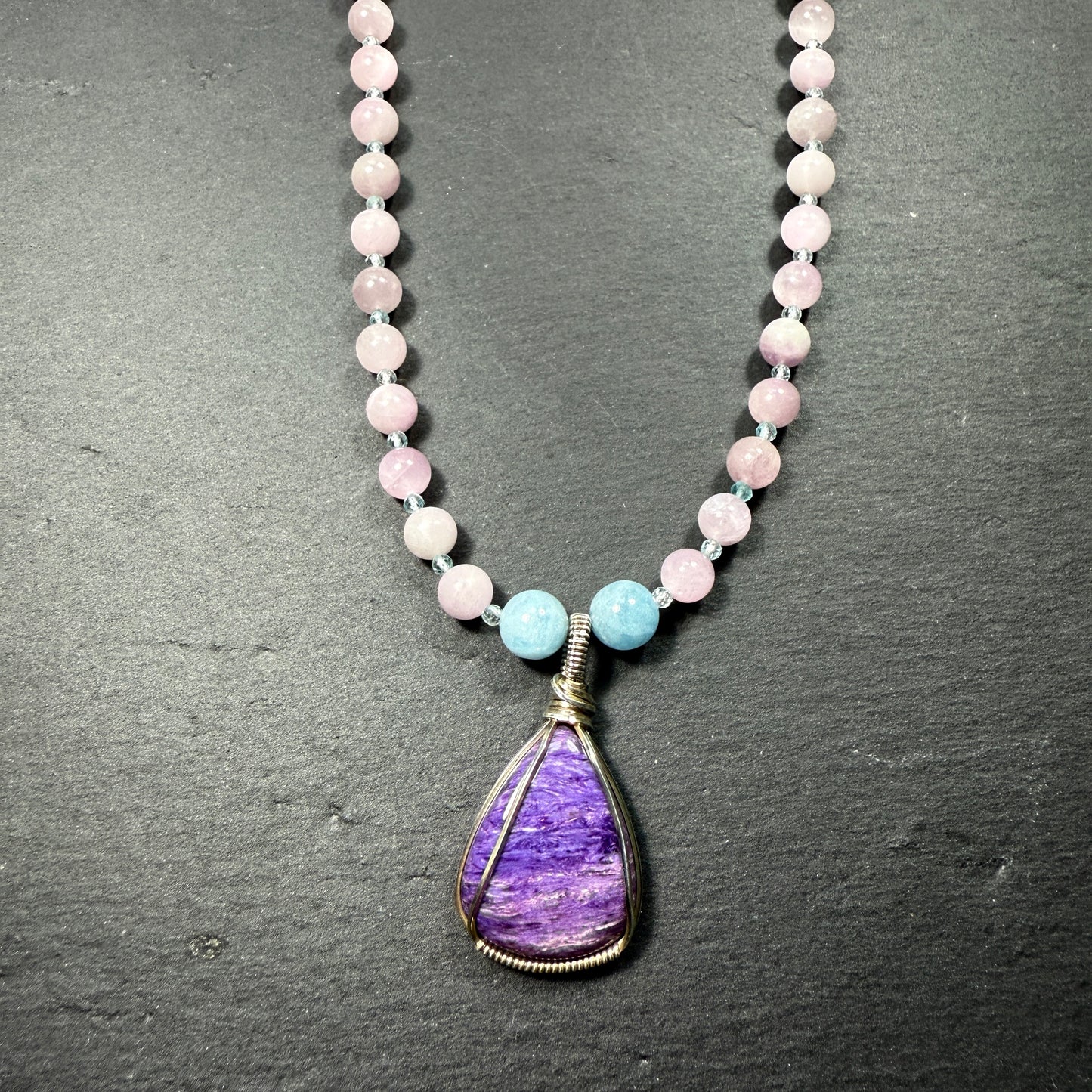 Spiritual Support for this New Cycle: Charoite, Aquamarine, Kunzite Gemstone Necklace