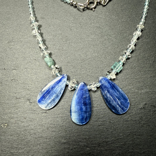Communicate & Connect With Spirit Gudies Gemstone Necklace: Blue Kyanite, Aquamarine, Blue Tourmaline, Double Terminated Clear Quarz