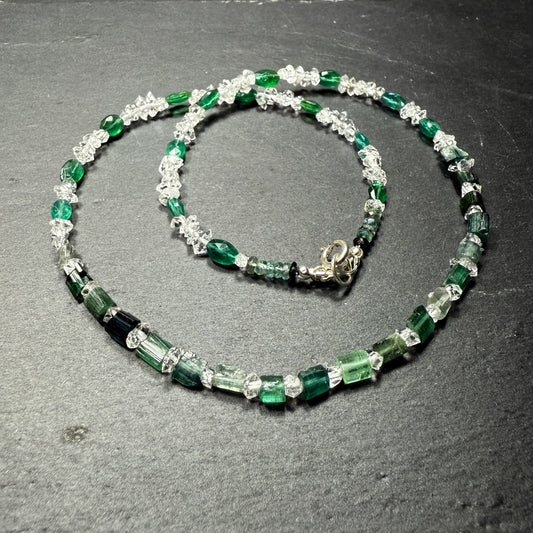 Crystal Clear Inner Sight Gemstone Necklace: Teal Blue Tourmaline & Apatite with Double Terminated Clear Quartz Crystals