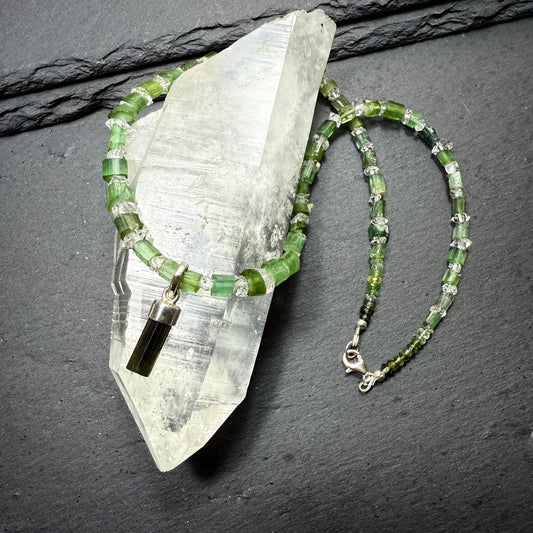 Green Tourmaline and Quartz Crystals Necklace