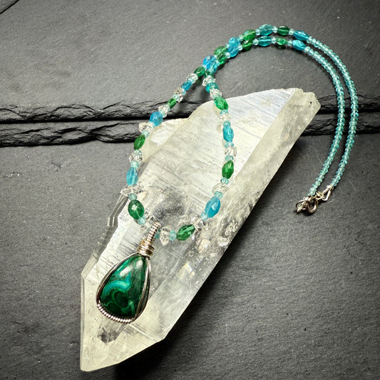 Chrysocolla Pendant with Blue Apatite and Double Terminated Clear Quartz Crystal Necklace ~ Inner Goddess Awakening