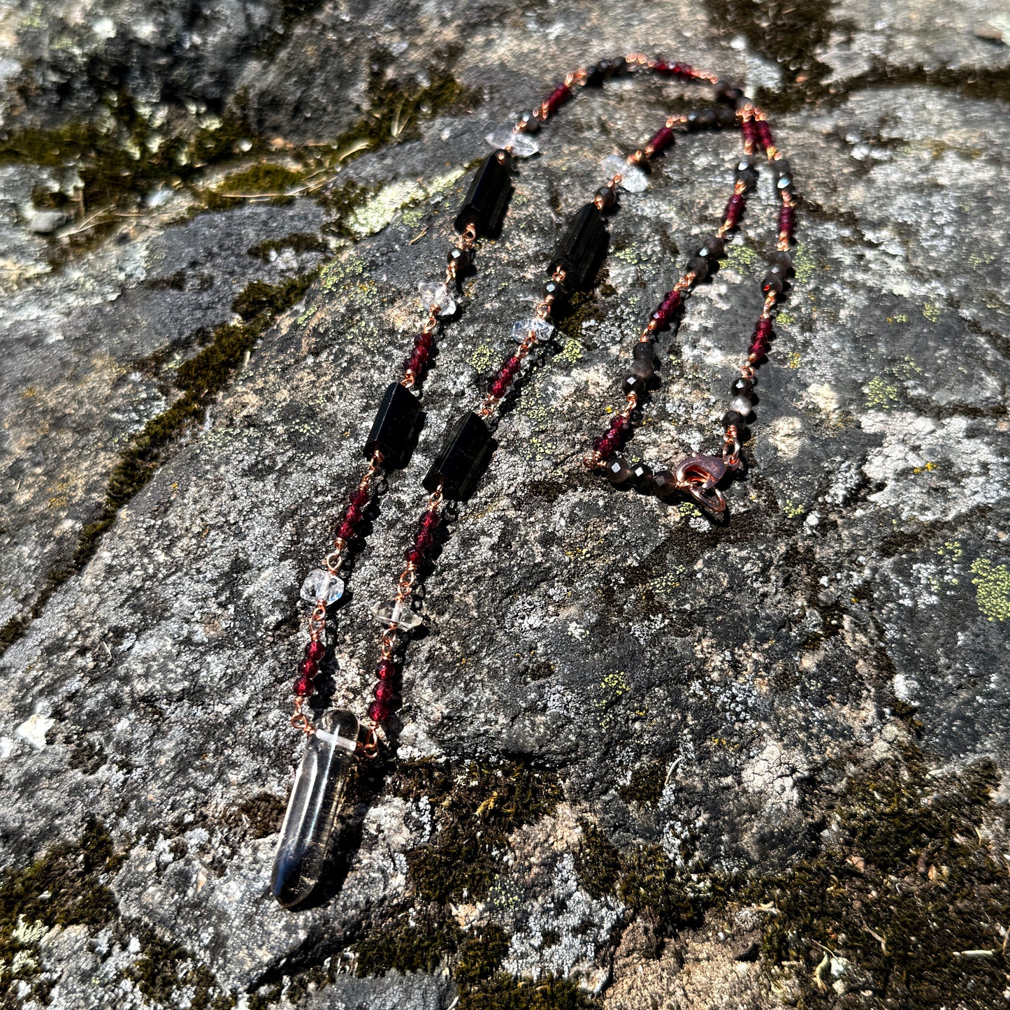 Protection Amulet: Smoky Quartz, Garnet, Quartz,  Black Tourmaline and Obsidian Copper Necklace
