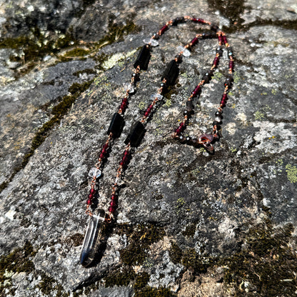 Protection Amulet: Smoky Quartz, Garnet, Quartz,  Black Tourmaline and Obsidian Copper Necklace