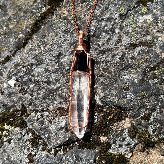 Protection Amulet: Black Tourmaline and Lemurian Quartz Crystal Copper Pendant