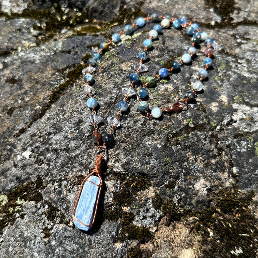 Psychic Intuition Talisman: Blue Kyanite, Iolite and Quartz Crystal Copper Necklace