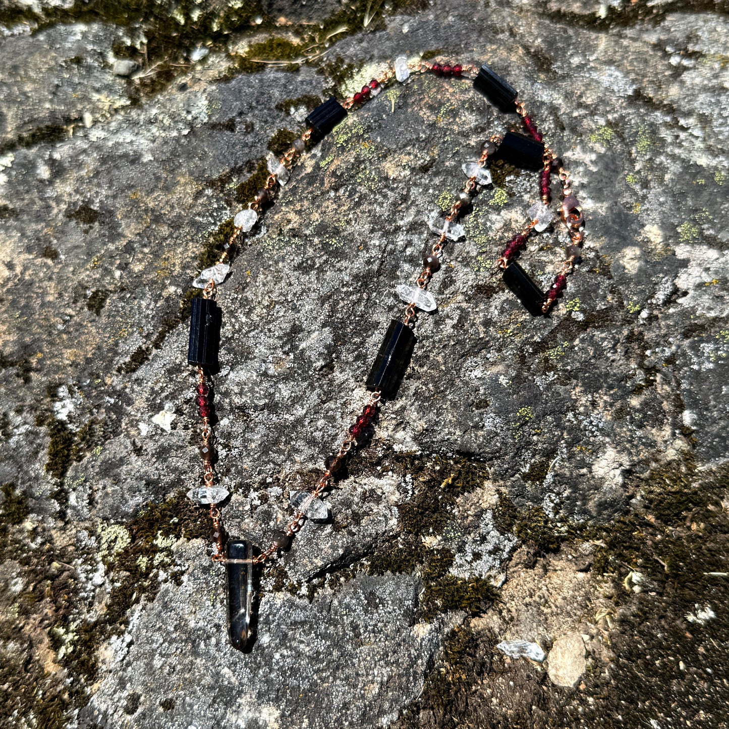 Protection Amulet: Smoky Quartz, Garnet, Quartz,  Black Tourmaline and Obsidian Copper Necklace
