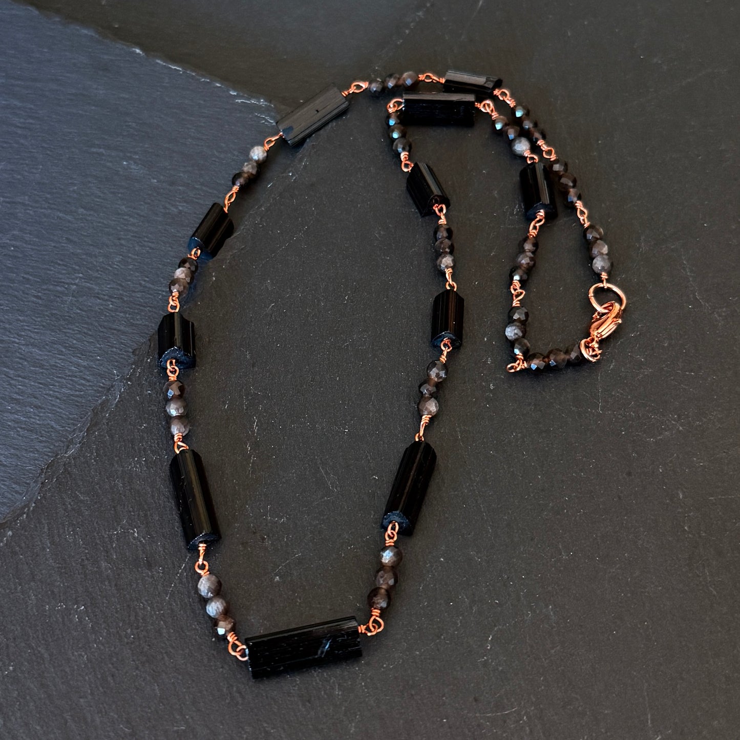 Protection Amulet: Black Tourmaline and Obsidian Copper Necklace