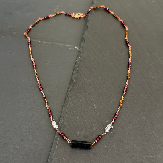 Protection Amulet: Black Tourmaline, Garnet, and Tiger's Eye Copper Necklace