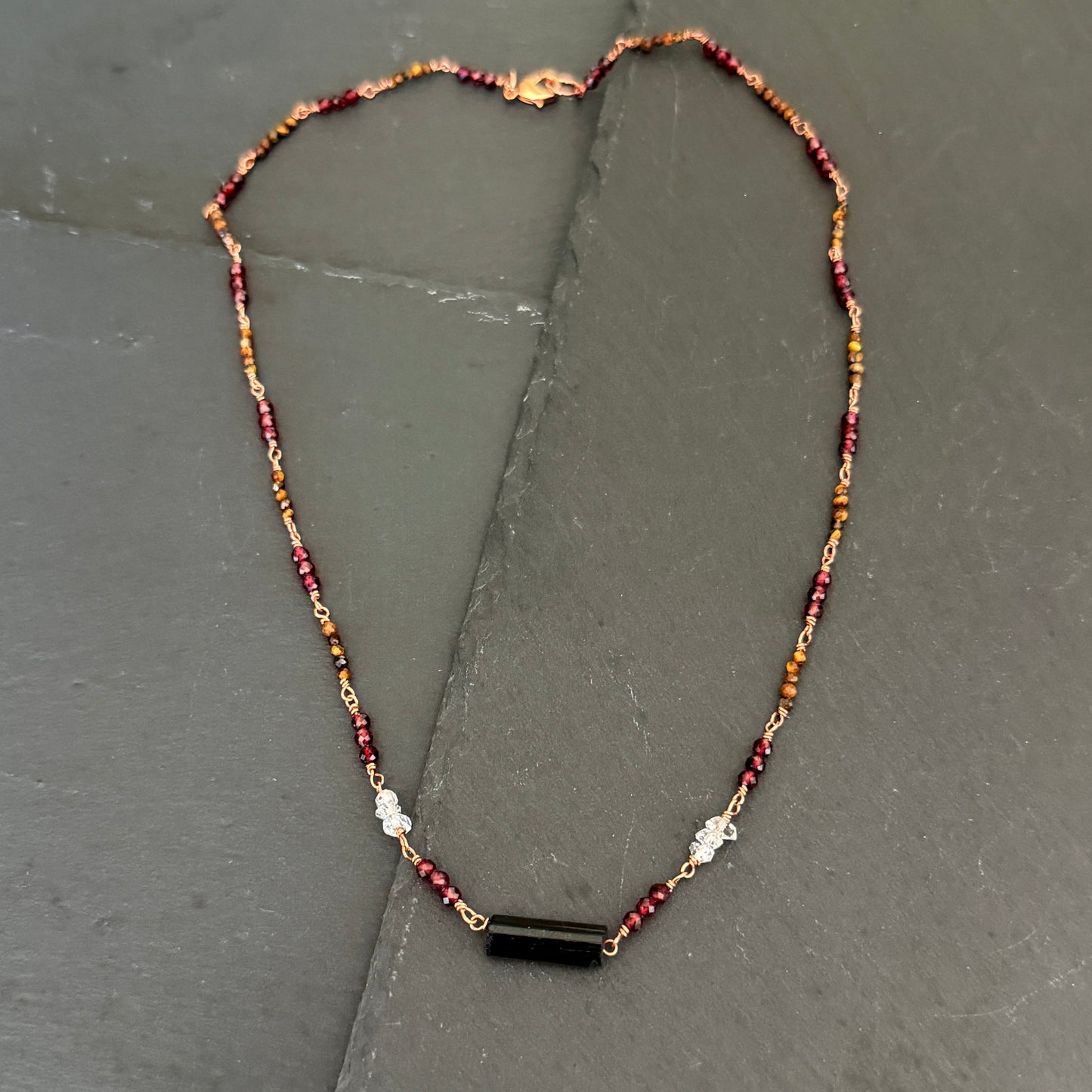 Protection Amulet: Black Tourmaline, Garnet, and Tiger's Eye Copper Necklace