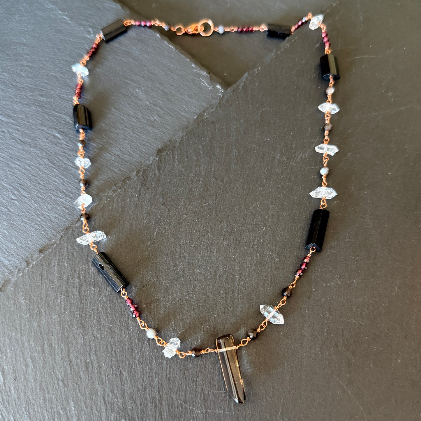Protection Amulet: Smoky Quartz, Garnet, Quartz,  Black Tourmaline and Obsidian Copper Necklace