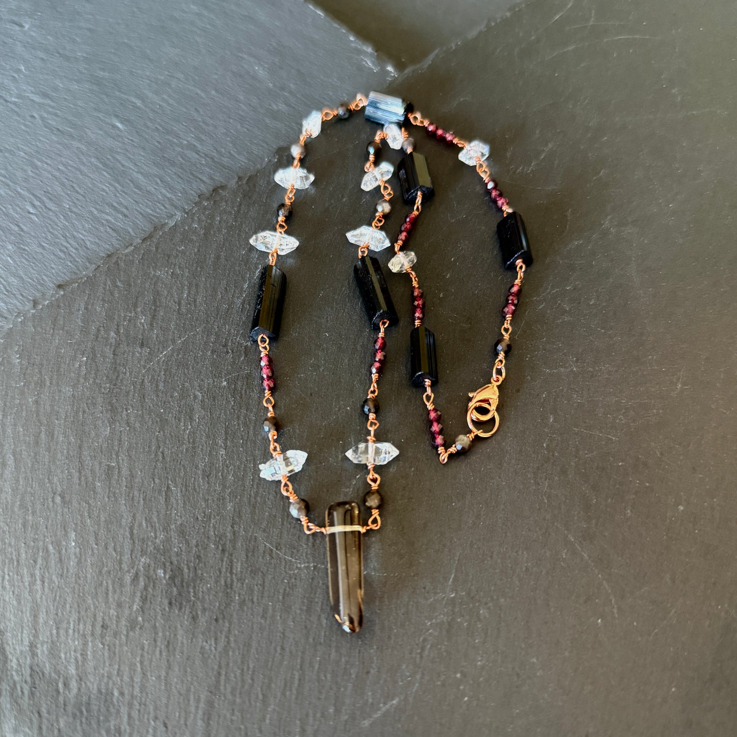 Protection Amulet: Smoky Quartz, Garnet, Quartz,  Black Tourmaline and Obsidian Copper Necklace